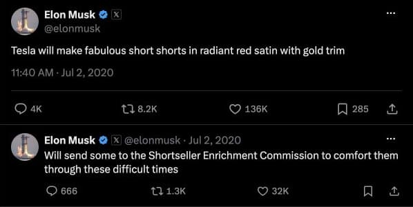 Elon Musk announces radiant red satin short shorts with gold trim, then offers some to the Shortseller Enrichment Commission to comfort them through these difficult times.